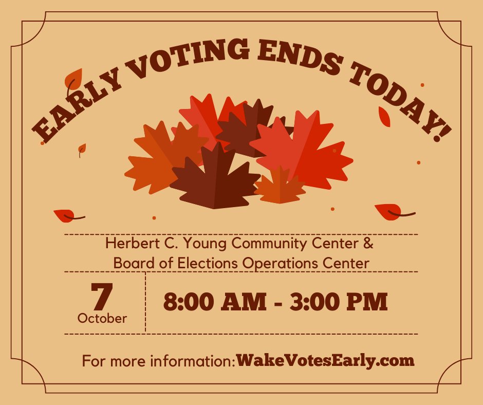 WakeElections's tweet image. Early Voting for the October 10 Municipal Elections ends today at 3pm! Visit WakeVotesEarly.com for site details, directions, and wait times.
@caryncgov @cityofdurhamnc
Can&apos;t make it today? You still have Election Day, October 10th, to vote at your assigned polling place!
