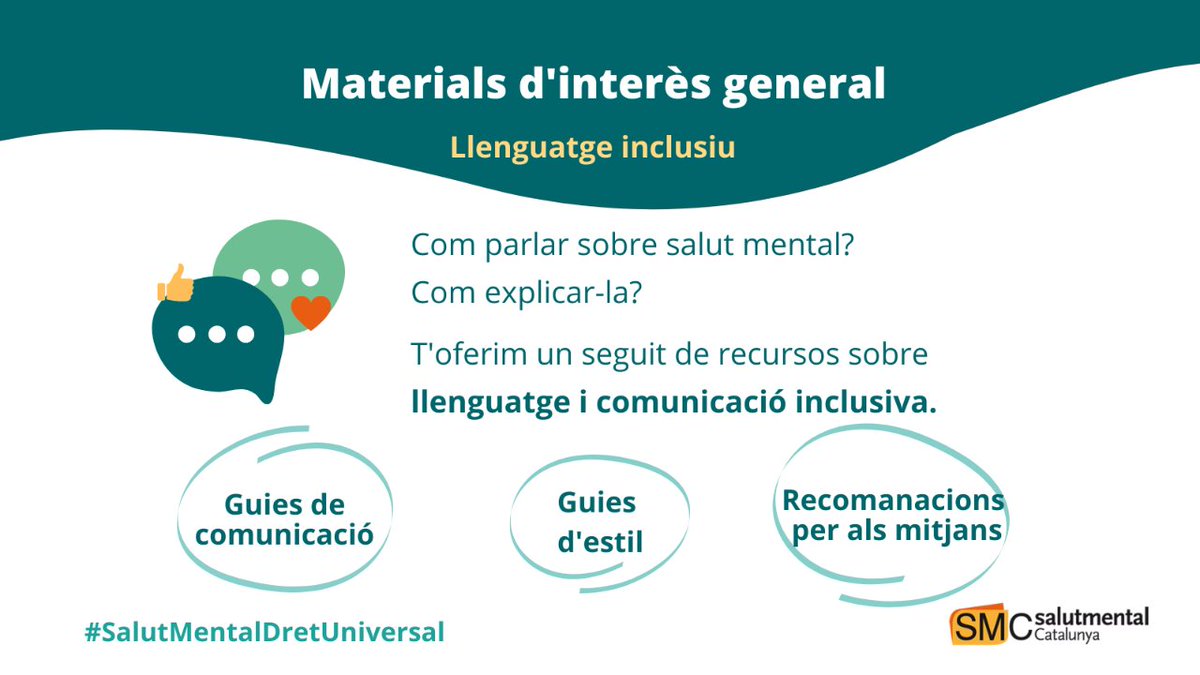 SalutMentalCat's tweet photo. 📢 Amb motiu del #DiaMundialDeLaSalutMental des de SMC hem creat un recull dels recursos que posem a la teva disposició 
👉 Compartim guies de #comunicacioinclusiva en #salutmental i materials de #sensibilització! https://t.co/ajra3lxMzS 
#SalutMentalDretUniversal https://t.co/NXRh8gZP4e
