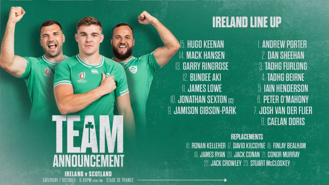 We wish our fantastic boys in green the best of luck against Scotland today. 🏉☘️😎  We will be all shouting for you.

#rwc2023 #teamofus #coybig #ireland