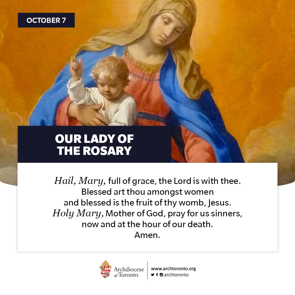 archtoronto's tweet photo. #HailMary, full of grace, the Lord is with thee. Blessed art thou amongst women and blessed is the fruit of thy womb, Jesus. Holy Mary, Mother of God, pray for us sinners, now and at the hour of our death. Amen. https://t.co/G0s93H6zYW