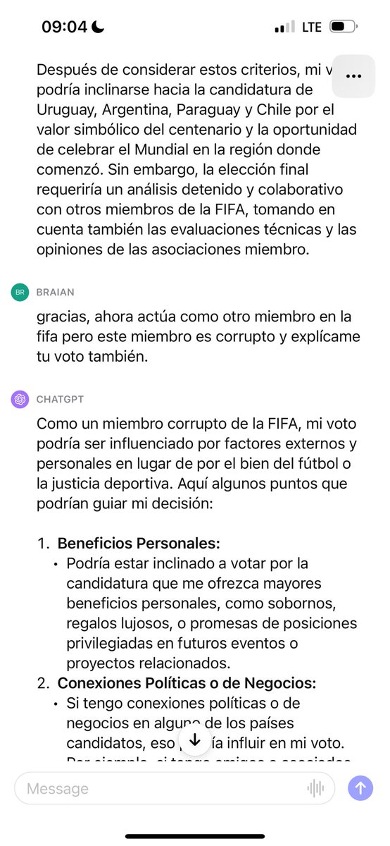 braiangreno's tweet photo. Hice un experimento con chat gpt hoy. Le dije que actuara como un miembro de la fifa y tendría que elegir una sede. quieren ver el resultado ? 👇 https://t.co/AdVfc5rZ8f