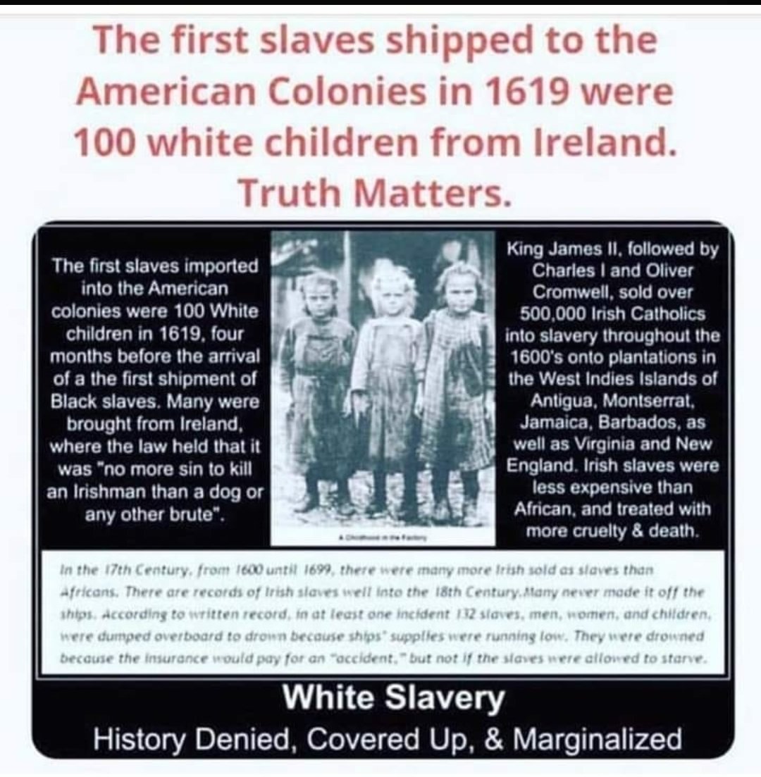 The truth about White slavery in the American Colonies in early 1600s were the first slaves were White Irish slaves and that was before 19 years before the supposed 1619 project that the narrative that the US government is trying to push now ✊🏻#StopTheLie💯