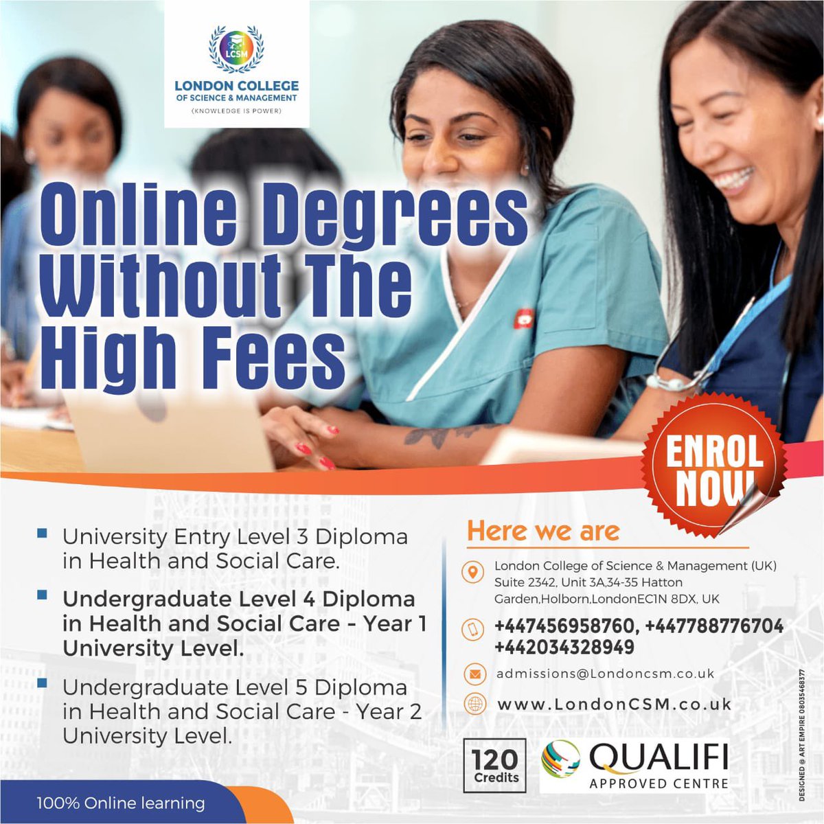 sicoltech's tweet photo. Our College offers students a cost-effective opportunity to achieve an  undergraduate or postgraduate degree from one of the most prestigious universities in UK or globally, We are 100% online , Full Online Access
We leverage cutting-edge technology to meet your requirements. 

Your lectures are entirely online and accessible from any location.

Accredited and approved British college UK.

Make your enrolments today. 

College website:
https://t.co/TclbPV40DP

Email: info@LondonCSM.co.uk 
Email: Admissions@LondonCSM.co.uk

Thank you.
London College Of Science & Management (UK)