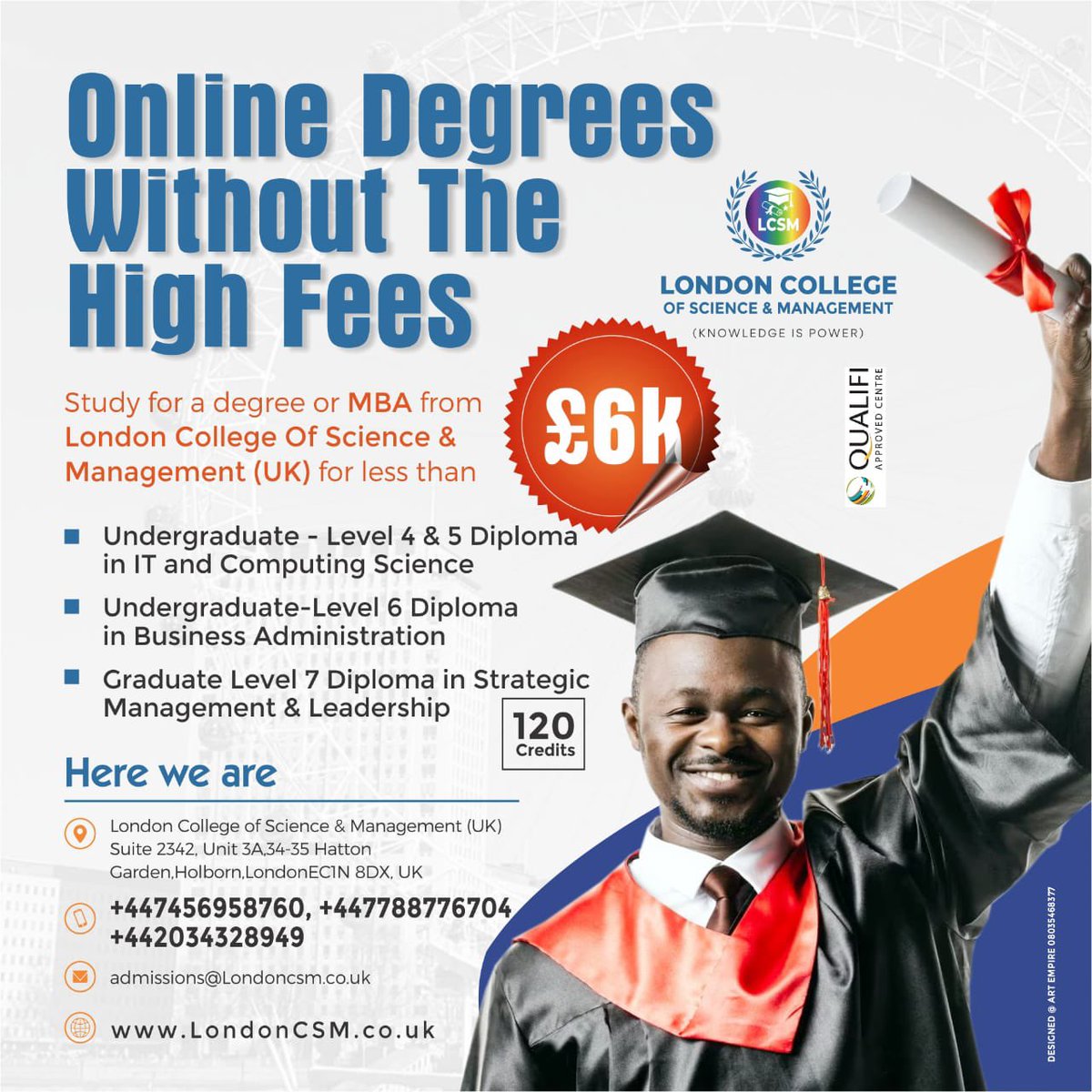 sicoltech's tweet photo. Our College offers students a cost-effective opportunity to achieve an  undergraduate or postgraduate degree from one of the most prestigious universities in UK or globally, We are 100% online , Full Online Access
We leverage cutting-edge technology to meet your requirements. 

Your lectures are entirely online and accessible from any location.

Accredited and approved British college UK.

Make your enrolments today. 

College website:
https://t.co/TclbPV40DP

Email: info@LondonCSM.co.uk 
Email: Admissions@LondonCSM.co.uk

Thank you.
London College Of Science & Management (UK)