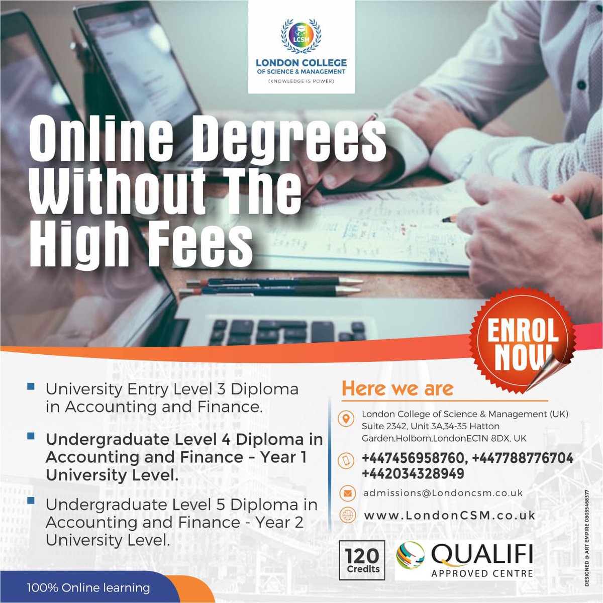 sicoltech's tweet photo. Our College offers students a cost-effective opportunity to achieve an  undergraduate or postgraduate degree from one of the most prestigious universities in UK or globally, We are 100% online , Full Online Access
We leverage cutting-edge technology to meet your requirements. 

Your lectures are entirely online and accessible from any location.

Accredited and approved British college UK.

Make your enrolments today. 

College website:
https://t.co/TclbPV40DP

Email: info@LondonCSM.co.uk 
Email: Admissions@LondonCSM.co.uk

Thank you.
London College Of Science & Management (UK)
