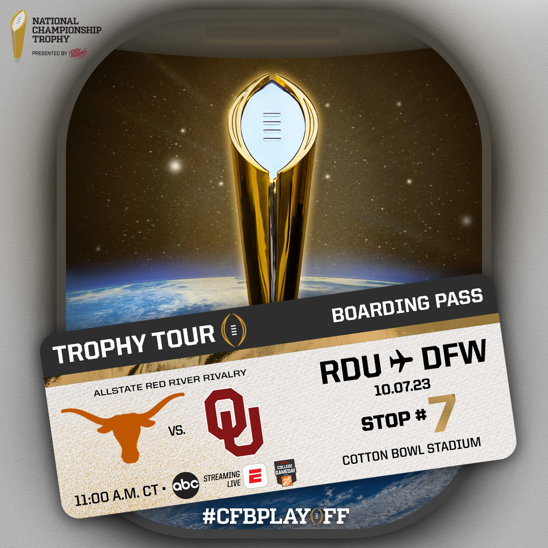 The #NationalChampionship trophy makes its return to the @StateFairOfTX for the @RRRivalry! 🏆 #CFBPlayoff Trophy Tour 🏈 @TexasFootball vs. @OU_Football 📅 Saturday, October 7 🕰 11 a.m. CT 🏟 @cottonbowlstad 📍 Dallas, Texas 📺 @ABCNetwork 📱 @espn app