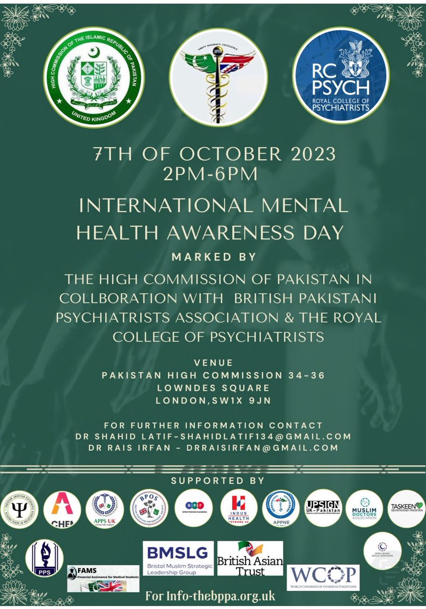 Looking forward to today’s #WMHD_HC23 session to mark World Mental Health Day at the #PakistanHighCommision @DrShahidLatif @PakistaninUK @rcpsych @HinaTahseen @BPPA_Official @WGHPakistan @ayesha_mian1 @DrAdrianJames @TrudiSene1 @hinajshahid @Alchemy_Arts @britishasiantst