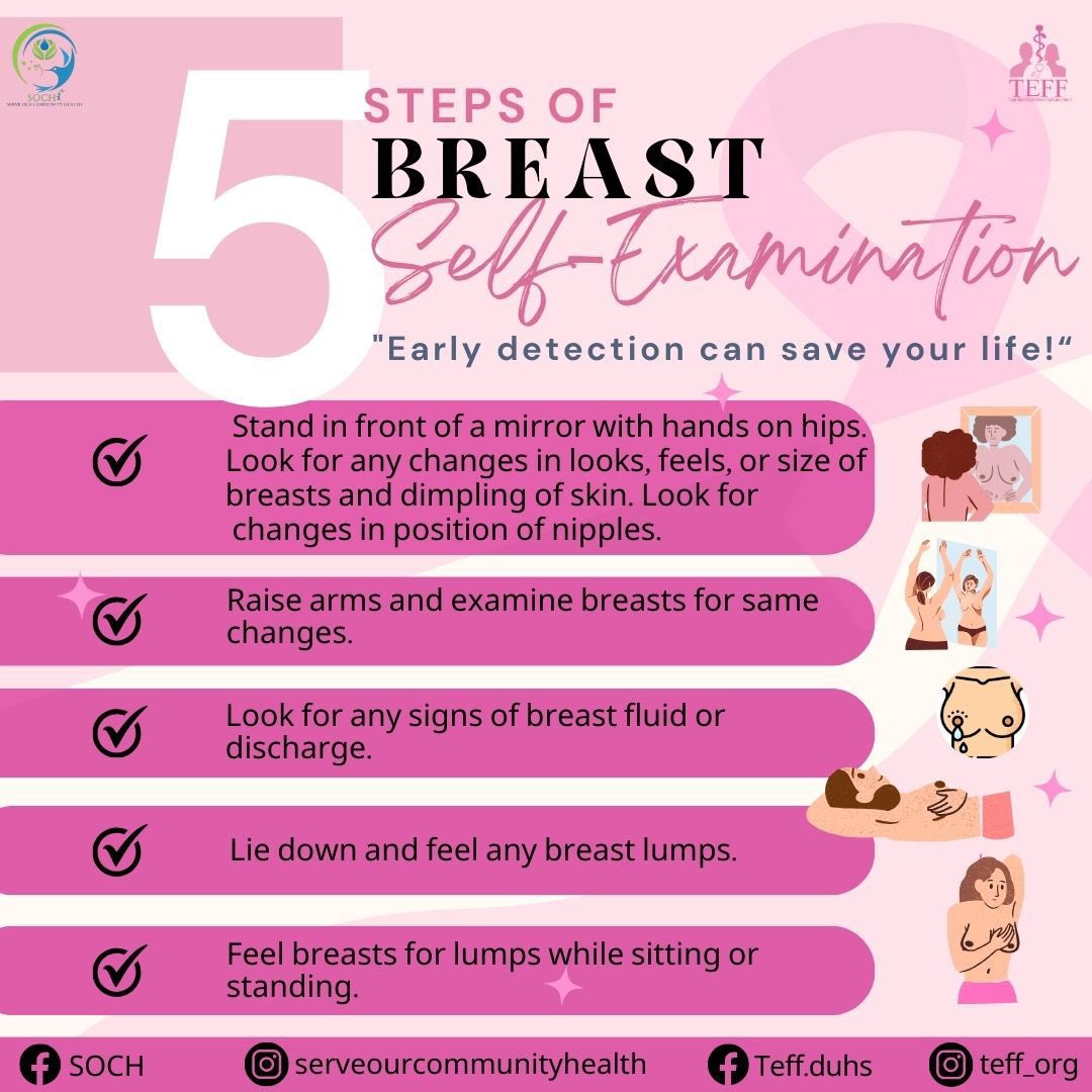 Did you know that regular breast self-exams are a vital part of early detection of breast cancer?

Take a few moments regularly to perform a breast self-exam. If you're unsure how to get started, seek help from a healthcare professional.

#BreastCancerAwareness #teff #soch