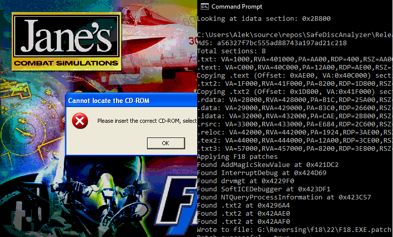alekasm0's tweet photo. I was able to get the SafeDisc v1 DRM wrapper executable to decrypt with breakpoints, modifications, and without the kernel driver. Very soon you'll be able to bypass any SafeDisc v1 DRM by just specifying the .exe file to my analyzer. https://t.co/I0FNSP5h90 https://t.co/M4XNdNiqa5
