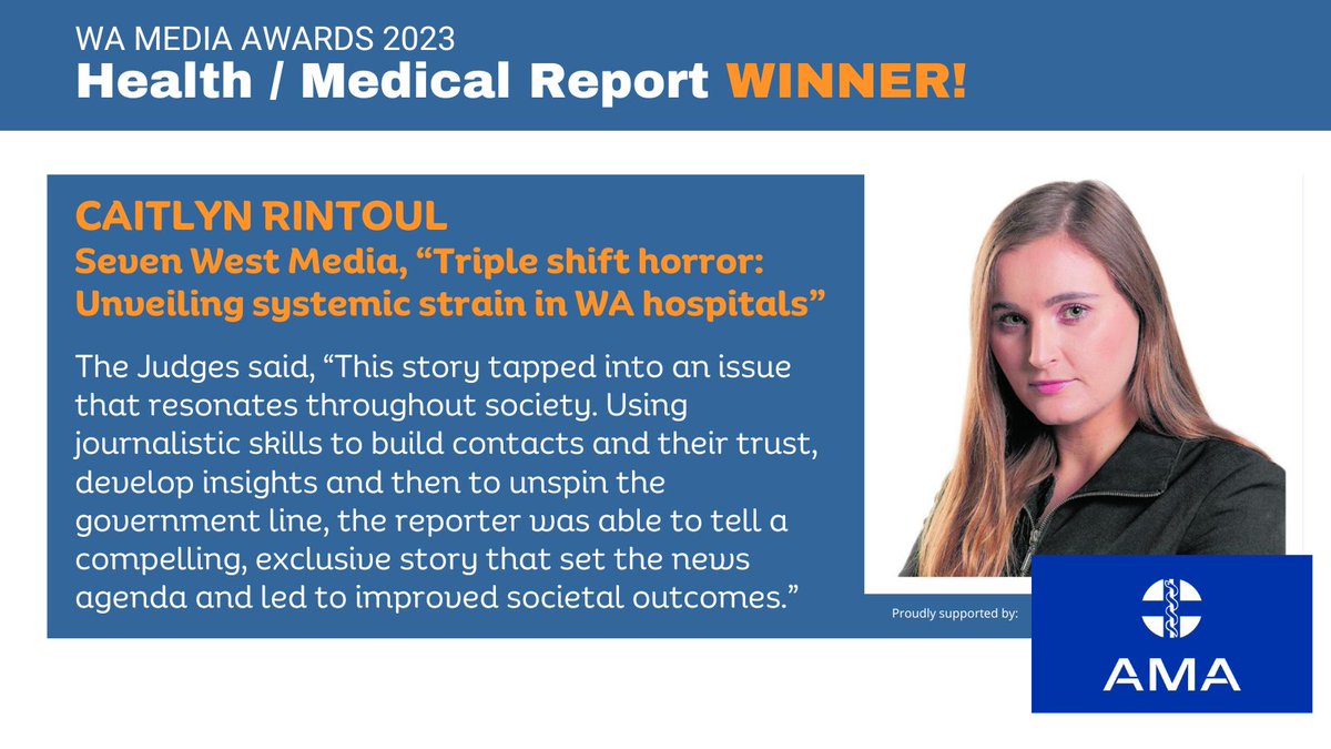 MEAA Media WA (@meaamediawa) on Twitter photo 🏥 💉 The winner of the Health/Medical Report, sponsored by the Australian Medical Association (WA), is <a href="/sevenwestmedia/">Seven West Media</a> reporter <a href="/caitlynrintoul/">Caitlyn Rintoul</a> - congratulations!
AMA is the peak professional body for doctors in Australia. đźš‘
#WAMediaAwards23 <a href="/withMEAA/">MEAA</a> <a href="/ama_media/">AMA Media</a> 🏥 💉 The winner of the Health/Medical Report, sponsored by the Australian Medical Association (WA), is <a href="/sevenwestmedia/">Seven West Media</a> reporter <a href="/caitlynrintoul/">Caitlyn Rintoul</a> - congratulations!
AMA is the peak professional body for doctors in Australia. đźš‘
#WAMediaAwards23 <a href="/withMEAA/">MEAA</a> <a href="/ama_media/">AMA Media</a>