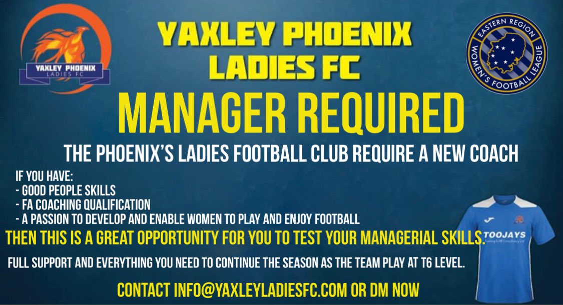 Yaxley Phoenix Ladies FC (@yaxleyphoenixfc) on Twitter photo 🚨Amazing opportunity🚨
If you’ve the right skills, temperament, passion & desire to lead the Phoenix’s then we’d like to hear from you!
DM for details or email info@yaxleyladiesfc.com
⚽️💙🧡
<a href="/PTAlanSwann/">Alan Swann</a> <a href="/SportsPcr/">PCR Sports</a> <a href="/HuntsFA/">Huntingdonshire FA</a> <a href="/NorthantsFA/">Northamptonshire FA</a> @cambswgleague <a href="/WF_East/">Women's Football East</a> <a href="/WomensFootyNet/">Womens Football Network (WFN)</a> 🚨Amazing opportunity🚨
If you’ve the right skills, temperament, passion & desire to lead the Phoenix’s then we’d like to hear from you!
DM for details or email info@yaxleyladiesfc.com
⚽️💙🧡
<a href="/PTAlanSwann/">Alan Swann</a> <a href="/SportsPcr/">PCR Sports</a> <a href="/HuntsFA/">Huntingdonshire FA</a> <a href="/NorthantsFA/">Northamptonshire FA</a> @cambswgleague <a href="/WF_East/">Women's Football East</a> <a href="/WomensFootyNet/">Womens Football Network (WFN)</a>