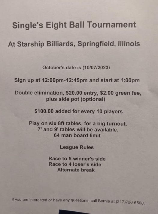 IllinoisPool's tweet image. 8 Ball Tournament
• 10/7/23 (12pm)
• Springfield (Starship Billiards)
• $22