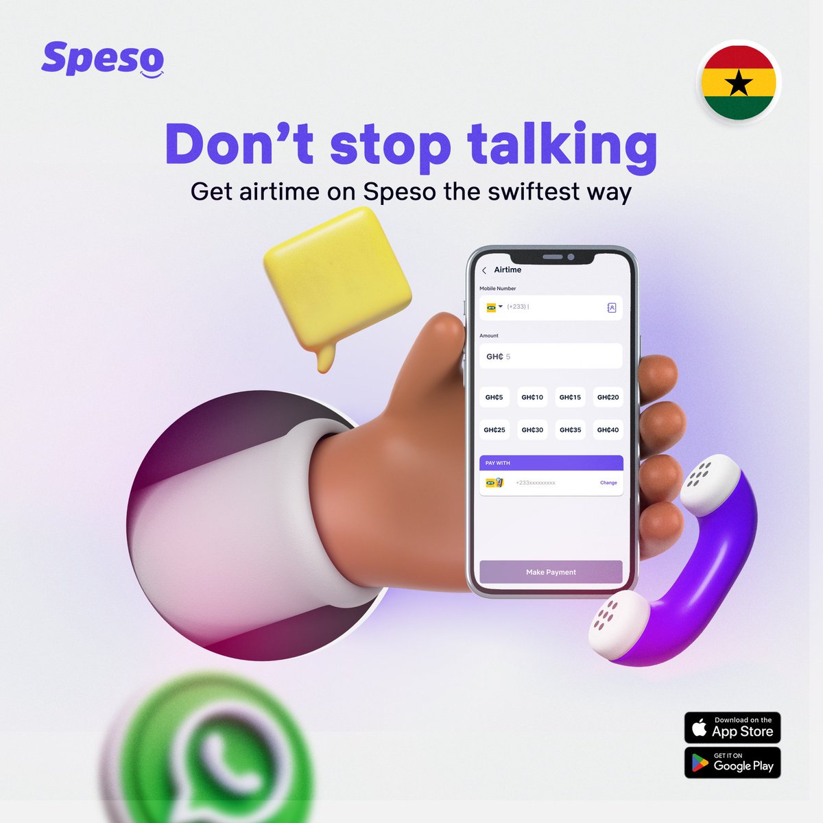 Keep going, keep talking! 🇬🇭
Don’t stress over airtime when you have Speso 

Buy airtime and data on all networks 
It’s fast and reliable 

Switch to Speso now!!! 

#speso #MTN #airtelTigo #vodafone #datatopup #airtime