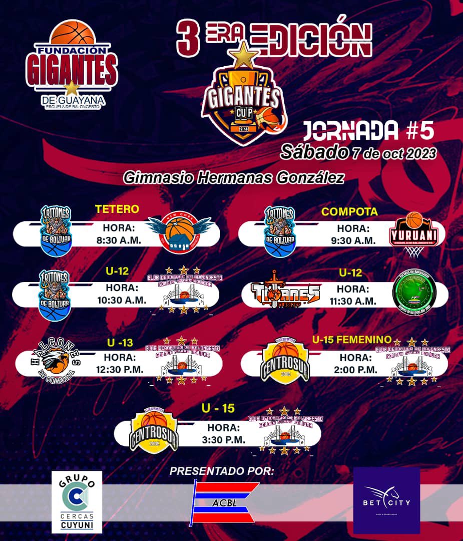GigantesEscuela's tweet photo. Seguimos con nuestro calendario de la Semana 2 hoy Sábado 07/10/2023 de la Gigantes Cup 2023 🏀
#Formativas #GigantesEscuela #FundacionGigantesDeGuayana #FormandoAtletasIntegrales https://t.co/XQsjx6lSpr