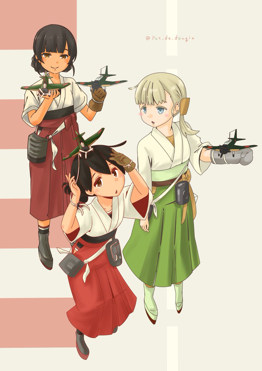 kasuga maru (kancolle) multiple girls dougi aircraft 3girls gloves long hair brown eyes  illustration images