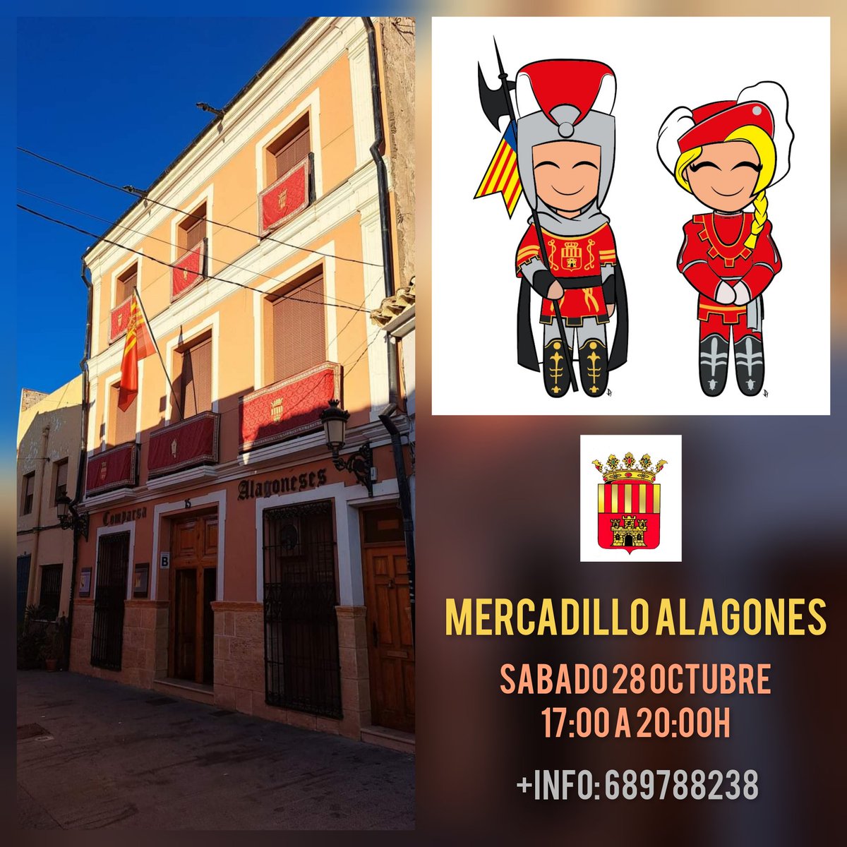 📢 Mercadillo alagonés
🗓 Sábado 28 de octubre, de 17 a 20H
📍 Casa de Alagón (calle Aurora 15, Sax)

Compra y venta de prendas del traje que ya no utilizas.

ℹ️ Más información en los teléfonos 689788238 (Simón) o 626615676 (Salva)