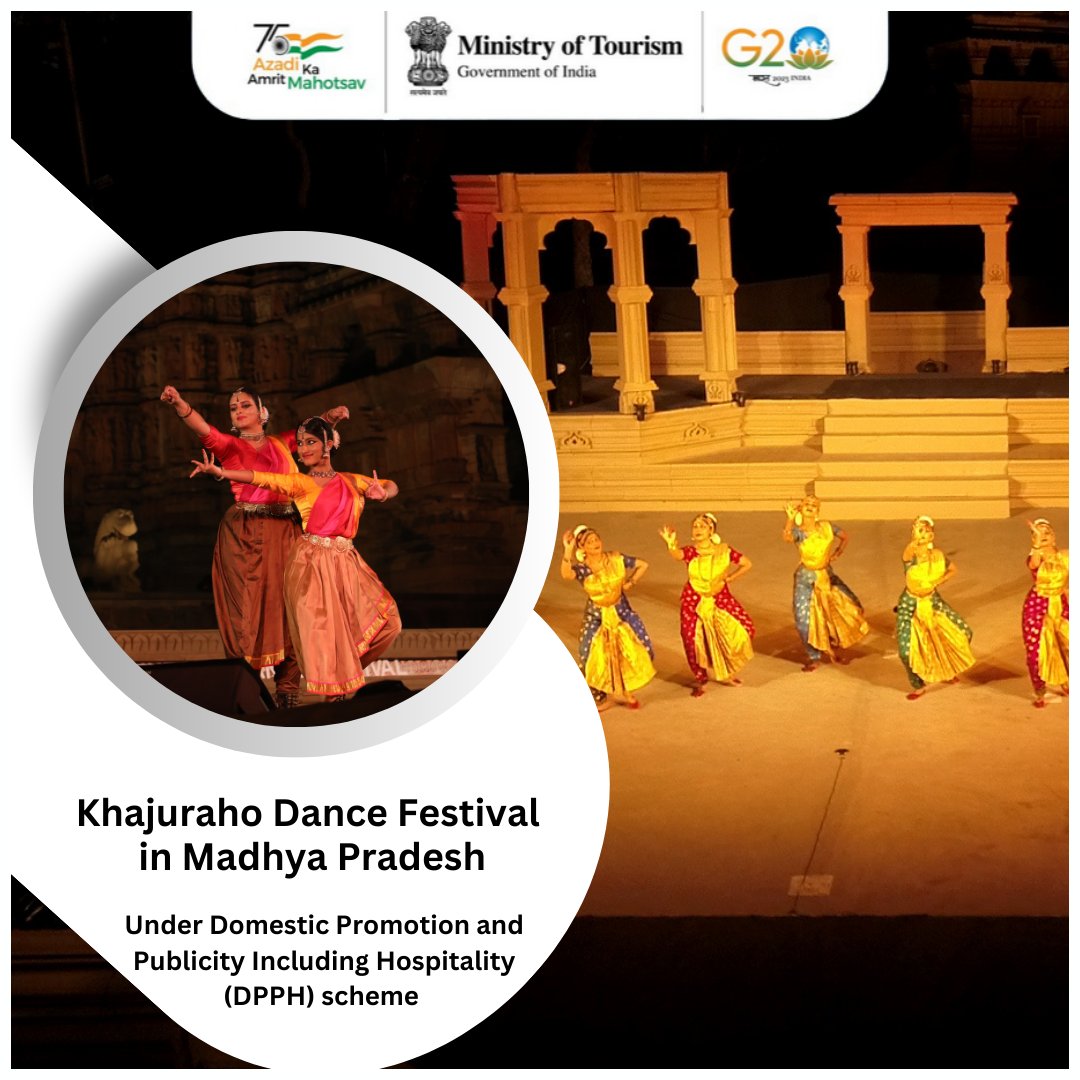 tourismgoi's tweet photo. Ministry of Tourism provided Central Financial Assistance under the Domestic Promotion and Publicity Including Hospitality (DPPH) scheme for the Khajuraho Dance Festival in Madhya Pradesh. 
#DPPH #KhajurahoDanceFestival #TourismPromotion https://t.co/APfIz1WIvJ