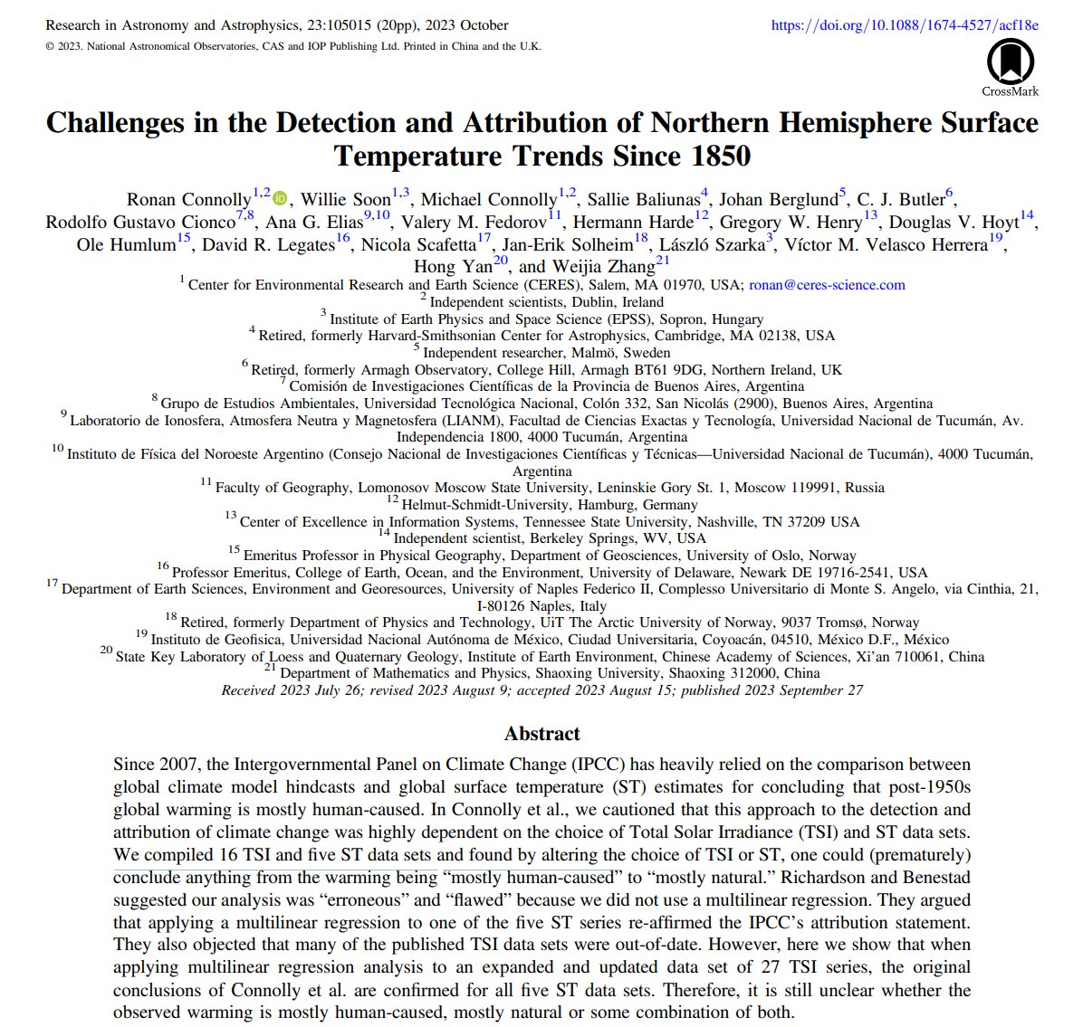 'attribution of climate change was highly dependent on the choice of Total Solar Irradiance (TSI) and ST data sets. We compiled 16 TSI and five ST data sets and found by altering the choice of TSI or ST, one could conclude anything” iopscience.iop.org/article/10.108… #ClimateScam