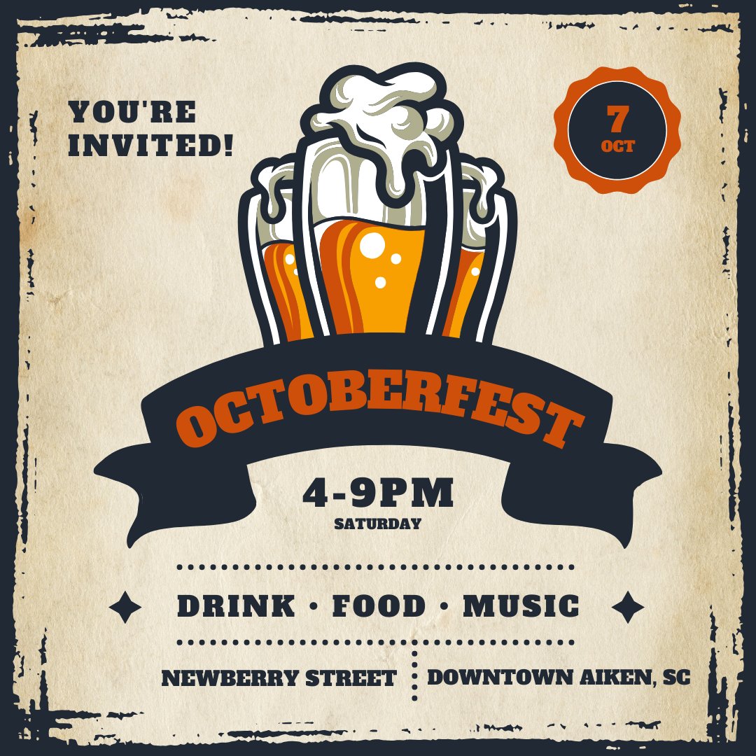 We hope to see you at the downtown Aiken Oktoberfest this evening, October 7th! 

This event will be filled from 4pm-9pm with great drinks and amazing opportunities to fellowship with your friends and peers! 
#VMSS #Aiken #Oktoberfest