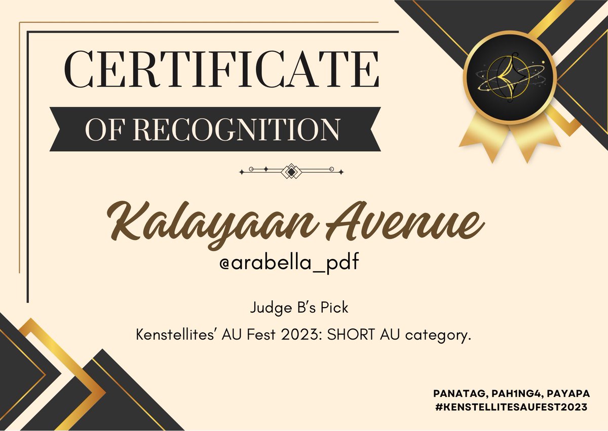 KenStellites's tweet photo. Judge’s Choice Award

SHORT AU CATEGORY

“Kalayaan Avenue” @arabella_pdf 
“Kalayaan Avenue” @arabella_pdf 
“aplaya” @tilforevester https://t.co/Tyt49LY2sl