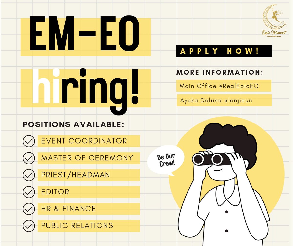 ㅤ
ㅤ
𝗕𝗘 𝗣𝗔𝗥𝗧 𝗢𝗙 𝗧𝗛𝗘 𝗚𝗥𝗢𝗪𝗜𝗡𝗚 𝗧𝗘𝗔𝗠!

Epic Moment EO  are  looking  for you
talented  individual  to  work  with  us! 
With lot of position available, you can 
choose the one that suits you well. 

Don't wait no more, 𝗔𝗽𝗽𝗹𝘆 𝘁𝗼𝗱𝗮𝘆! 📩

ㅤ