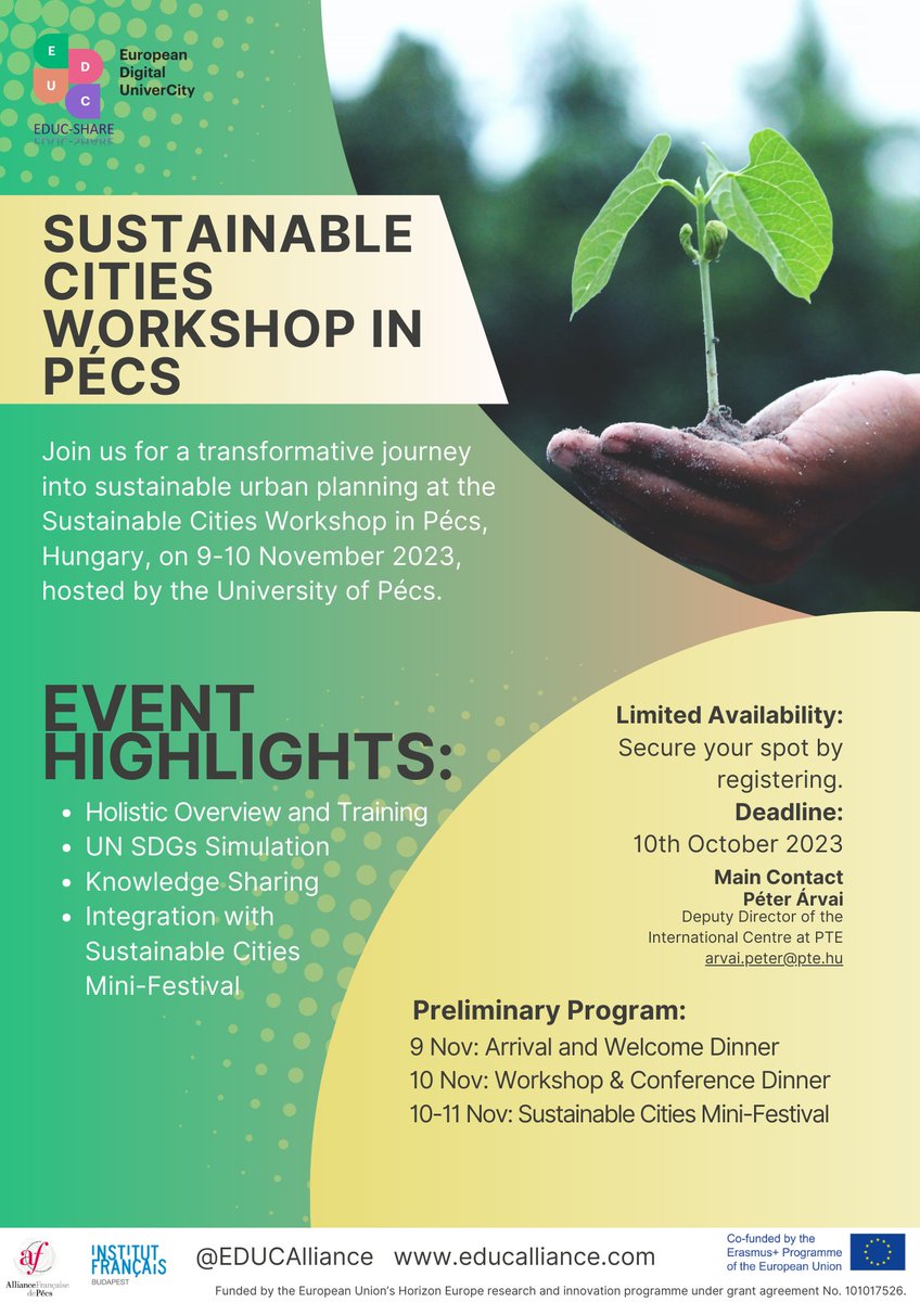 EDUCUniverCity's tweet photo. 🌍 Explore the future of sustainable cities at the Pécs Workshop, Nov 9-10! 🏡 Apply by Oct 10 for a spot in this transformative event. 🌿 #SustainableCities #UrbanPlanning #ApplyNow #EDUCAlliance #EDUCSHARE
🌍Apply here: https://t.co/0AWwygbbbC https://t.co/OENjkeWC4I