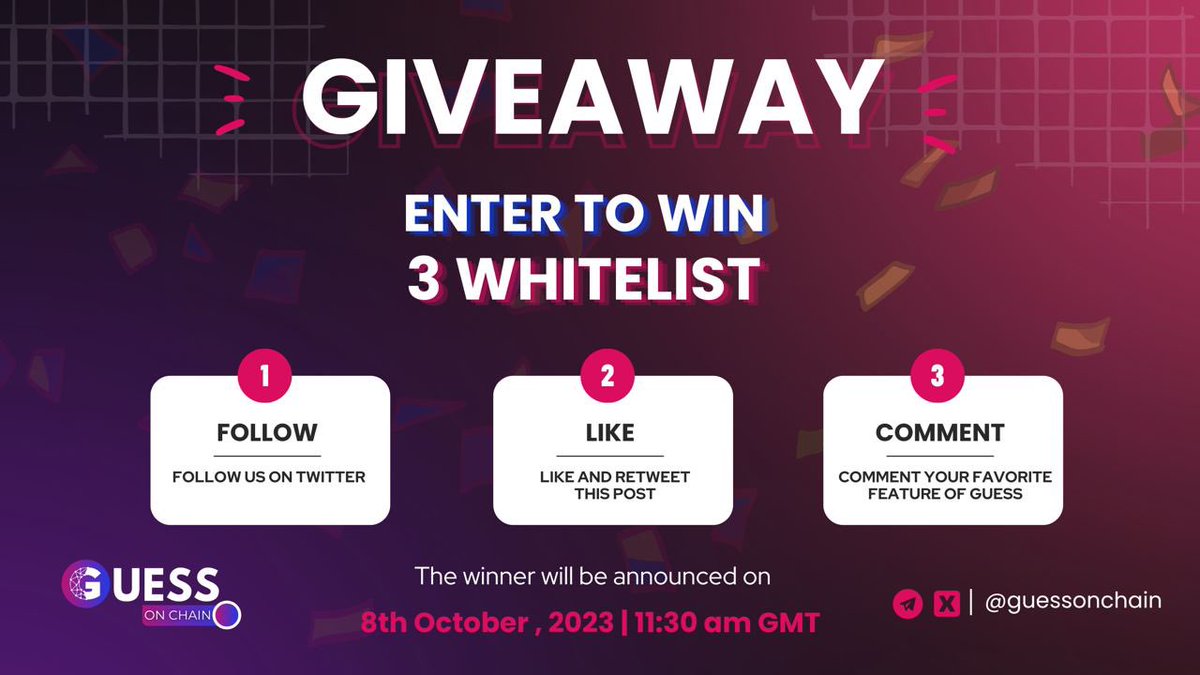 GuessOnChain's tweet image. 🚨 Last Call for Whitelist Access! 🚨

Don't miss out on securing your spot for $GUESS launch on coming Monday 9th October !

🚀 How to Join:
1️⃣ Follow Us.
2️⃣ RT &amp;amp; Like this tweet.
3️⃣ Comment your favorite feature of GuessOnChain with #GuessWhitelist &amp;amp; tag 3 pals!

🎁 Rewards:
✨…
