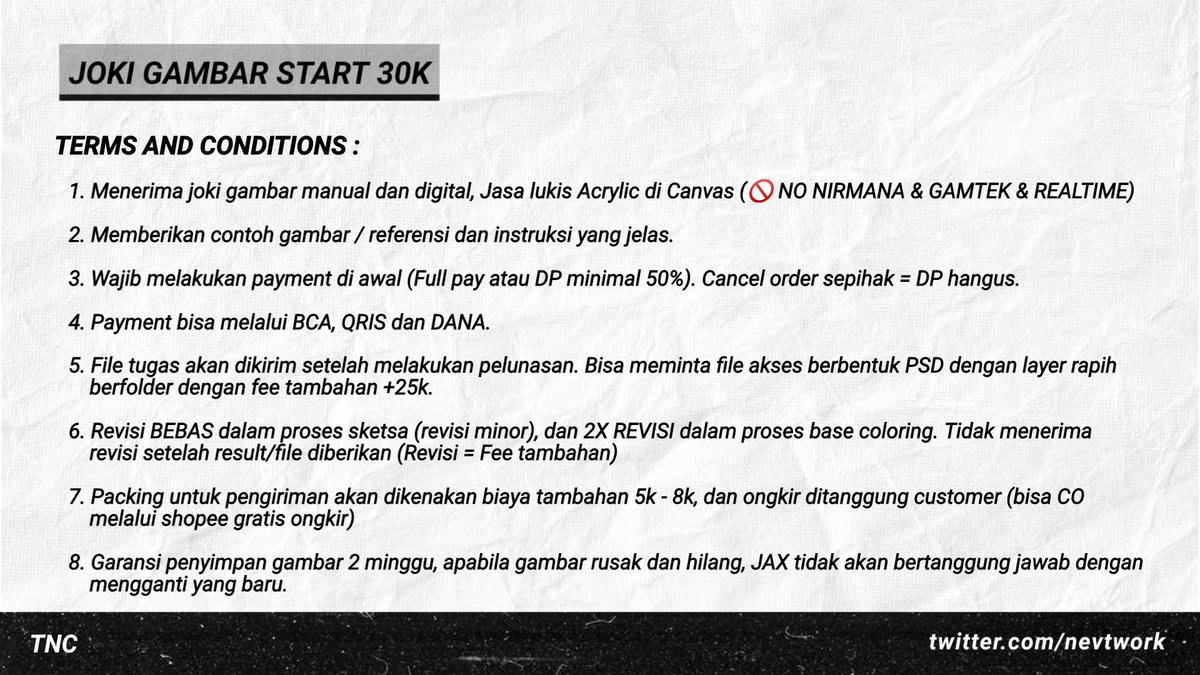 nevtwork's tweet image. YA. HO!
help repost please?

yang mau joki gambar manual dan digital bisa kesini yuk!

media warna : pensil warna, crayon, cat akrilik, cat air. open commis lukisan di canvas juga start 100k.

gambar bisa dikirim (dom jatim), more detail langsung contact wa or tele ya.

#zonauang