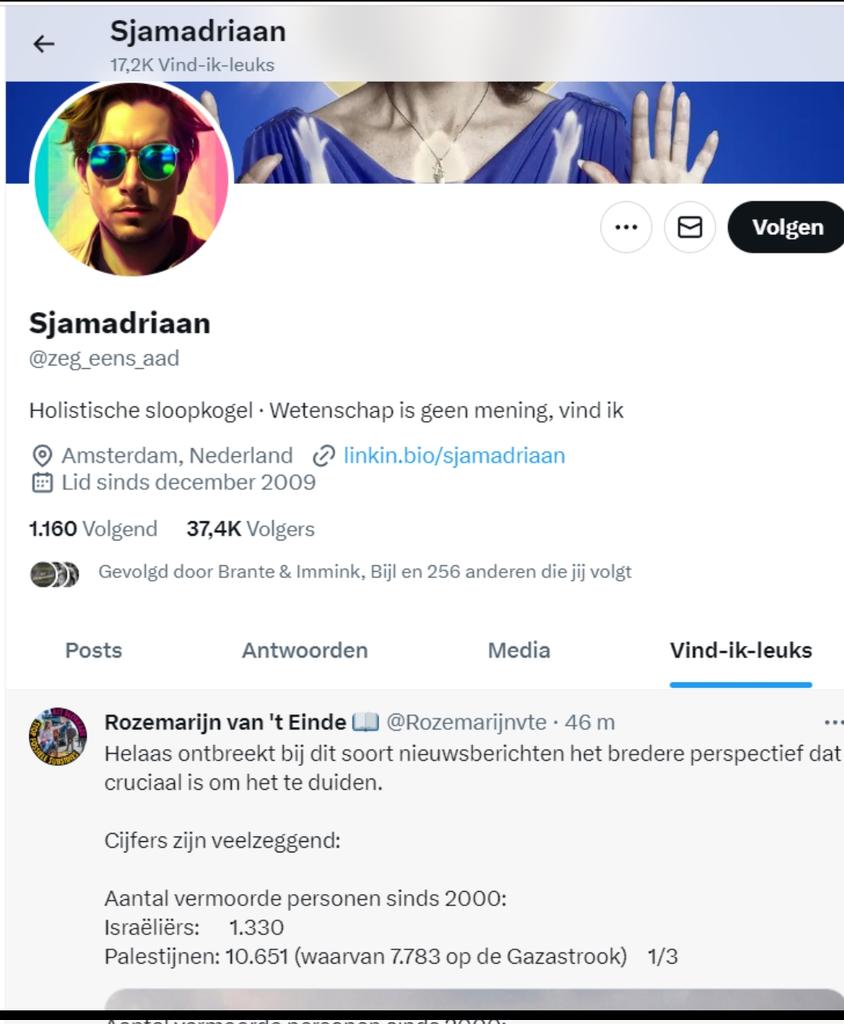 Adriaan ter Braack (Sjamadriaan), is wetenschapsjournalist én antisemiet. Al urenlang zien we beelden v lijken in de straten van afgeslachte Israëliërs bij aanslagen van terroristen en het enige wat we van deze fluim zien is een 'like' die suggereert dat Israel niet moet zeuren.