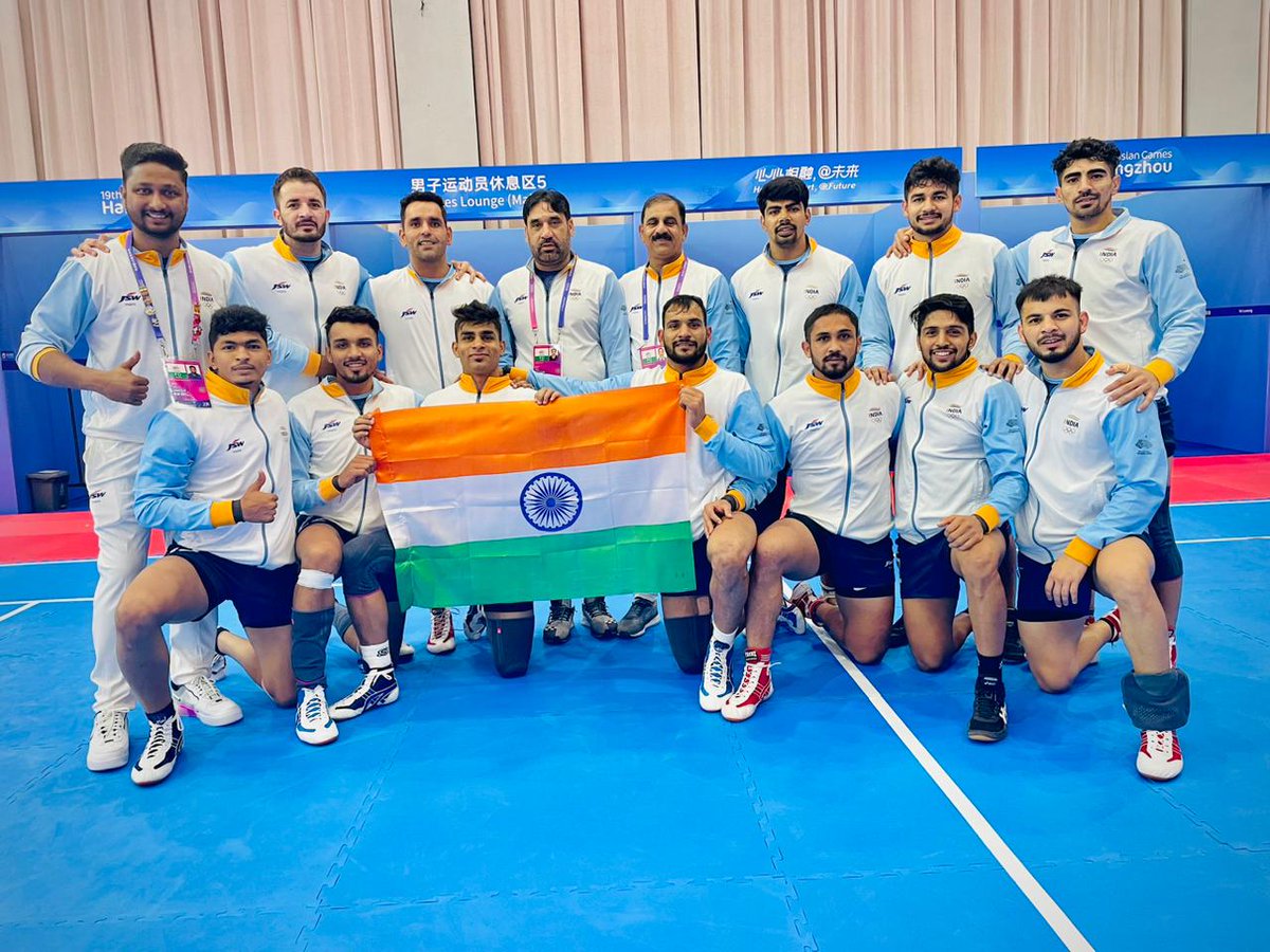 narendramodi's tweet photo. A moment of jubilation! Our Kabbadi Men's Team is Invincible!

Congratulations on clinching the Gold Medal at Asian Games. 

Their relentless determination and impeccable teamwork have brought glory to India. https://t.co/d0ySCCgZs9