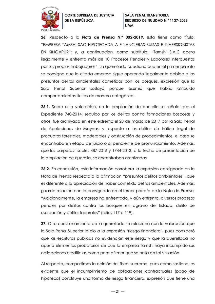 jfowks's tweet photo. Sala Penal de la Corte Suprema anula sentencia de 2021 contra la defensora ambiental e ingeniera forestal Lucila Pautrat, por difamación agravada. La empresa deforestadora Tamshi fue quien la denunció. Magistrados la absolvieron y anulan pago de reparación civil de S/50 mil ⚖️🇵🇪 https://t.co/eMkNdeBOus