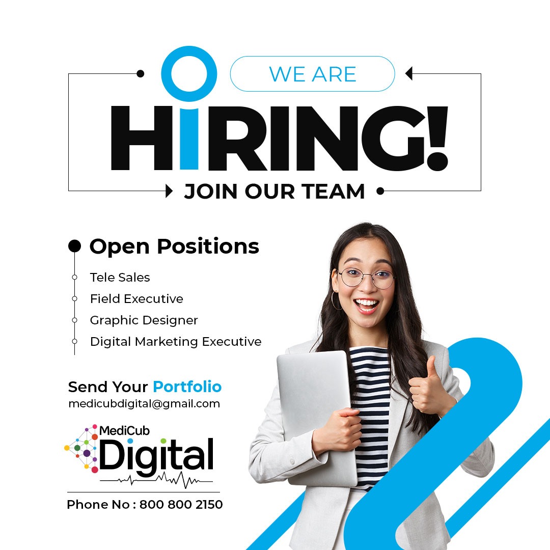 🚀 Join our dynamic team! We're hiring for various positions at MediCub Digital:
📞 Tele Sales
🌆 Field Executive
🎨 Graphic Designer
💻 Digital Marketing Executive

 Contact: +91 8008002150

#telesalesjobs #Telesales #fieldexcutive #graphicdesignjobs #graphicdesignerjobs