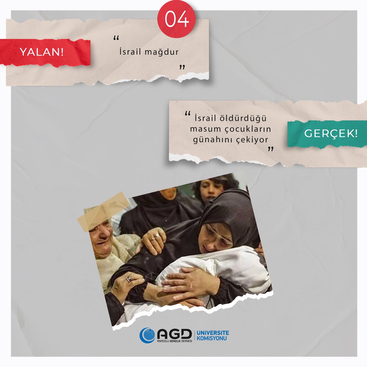 4) Yalan: İsrail mağdur
Gerçek: İsrail öldürdüğü masum çocukların günahımı çekiyor.