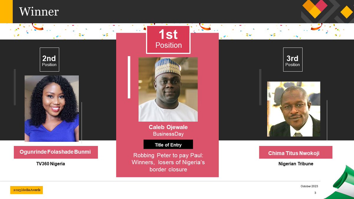 calebtinolu's tweet photo. Yesterday at PwC Media Excellence Awards, I was named;
- Winner, SMEs Reporting
- 1st Runner-up, Business &amp; Economy Reporting
- Finalist, Finance &amp; Capital Markets Reporting

I am excited at the recognition of my work, and I hope to do more.

Congratulations to all the winners! https://t.co/BkrHECmV1q