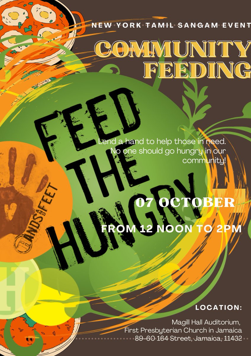 TODAY! Join the New York Tamil Sangam as they strive to eradicate hunger in our community - NO ONE SHOULD GO HUNGRY!

Starts at 12 noon 
Ends at 2pm 

Anyone can join the luncheon - ALL ARE WELCOME!