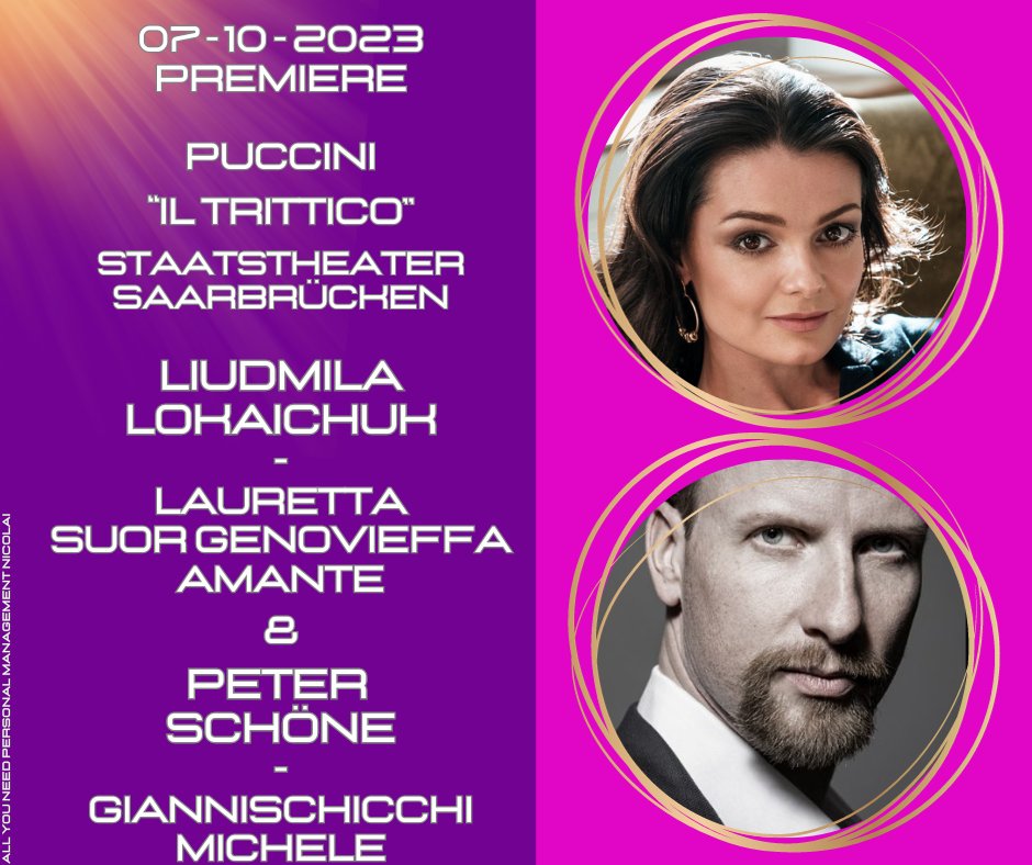 💥 #PREMIERE 💥 #Puccini - #Il Trittico am #SaarländischesStaatstheater mit #Soprano #LiudmilaLokaichuk als #LAURETTA / #SUORGENOVIEFFA / #AMANTE & #Bariton #PeterSchöne als #GIANNISCHICCHI & #MICHELE.
🍀🍀🍀 Lidumila, Peter & allen Beteiligten!