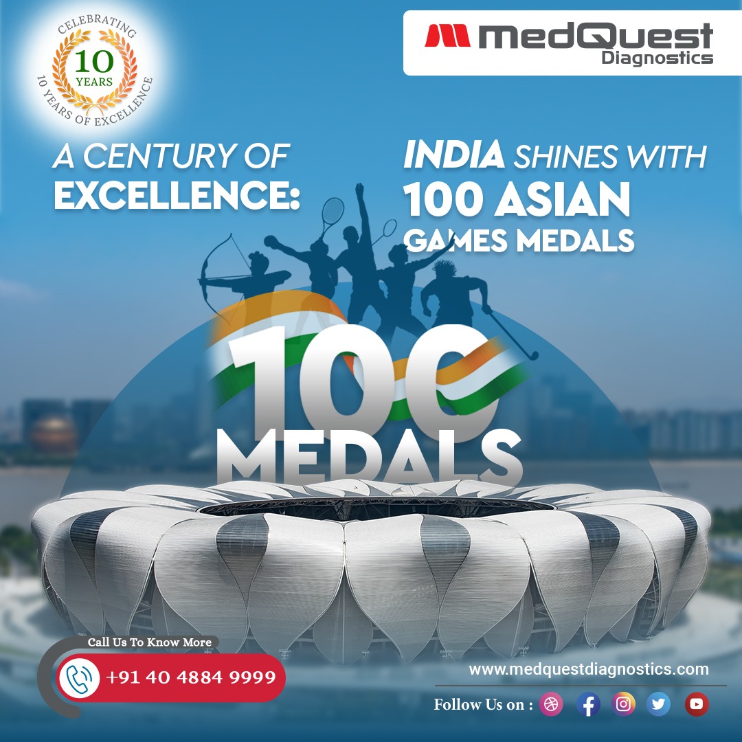 MedQuestDiagno's tweet photo. India's sporting glory shines bright with 100 Asian Games medals! Our athletes' dedication and prowess make us proud.

#medquestdiagnostics #Hyderabad #IndiaAtAsianGames #MedalTally #IndianAthletes #ProudMoment #SportsAchievements #Victory #Dedication #AsianGamesMedals https://t.co/jibyApnH3v