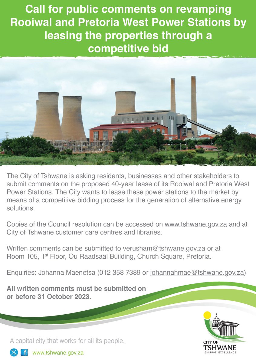 CityTshwane's tweet image. The @CityTshwane is asking residents, businesses and other stakeholders to submit comments on the proposed 40-year lease of its Rooiwal and Pretoria West Power Stations. For more info, click the link below:

tshwane.gov.za/wp-admin/admin…