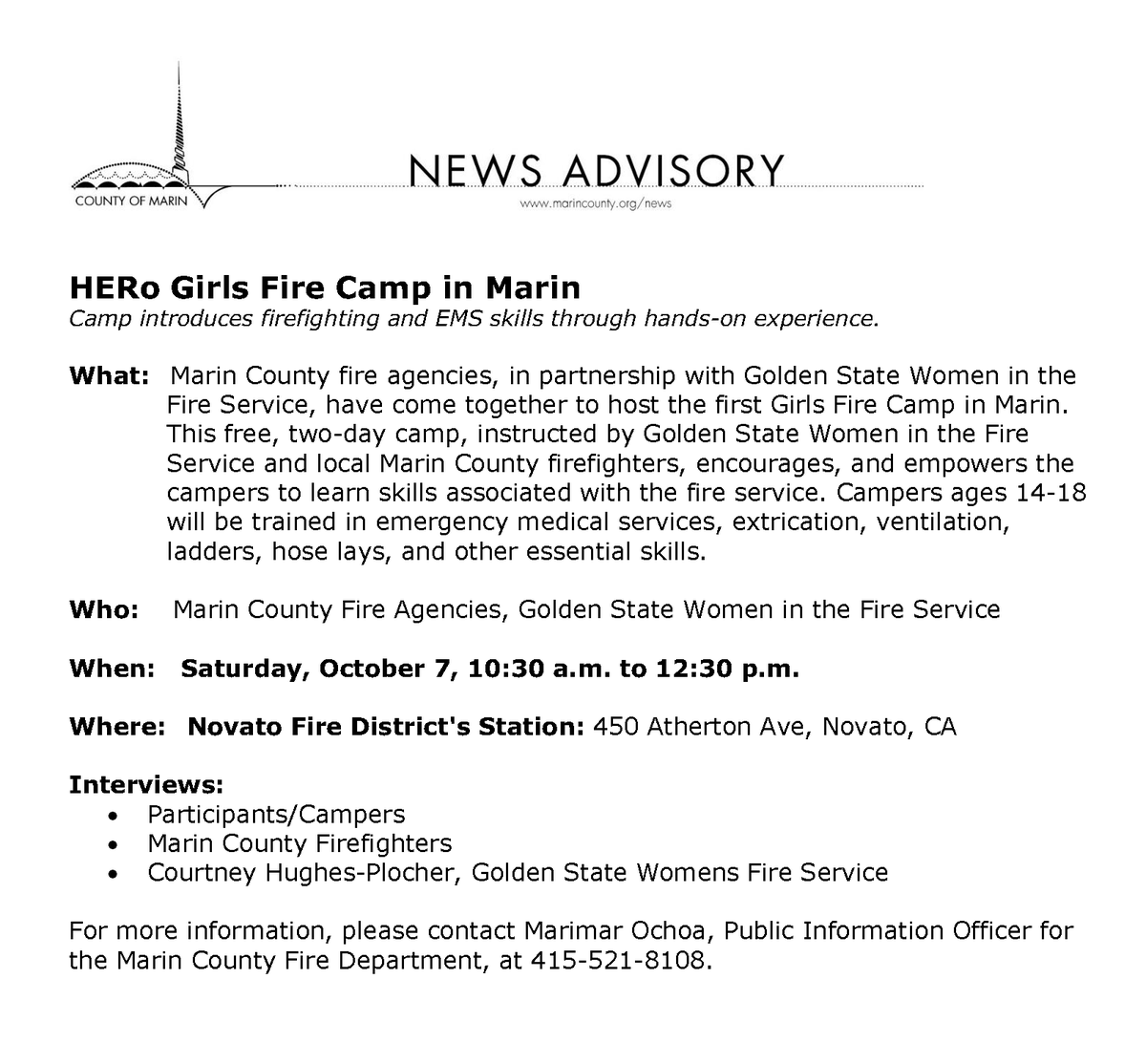 marincountyfire's tweet photo. Media Advisory: On behalf of the fire agencies across the County, we would like to invite media to the first HERo Girls Fire Camp in Marin.  

Broll and interviews will be available today October 7, 10:30 a.m. to 12:30 p.m. 
#MarinCountyFirefighters https://t.co/4BKIc1SVaW
