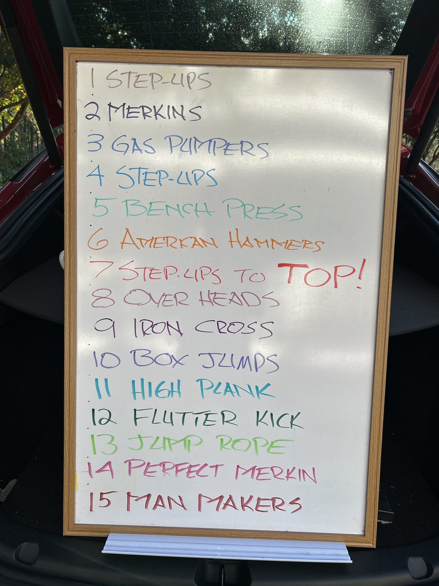4 pax embraced The Dry Erase Board of Doom (I gotta work on the name). Tabata style and double up on exercises. YHC didn’t do his math correctly (minutes of an hour divided by 50 second intervals?!?) Wound up with 12 minutes of Mary. Used all the markers!! <a href="/F3Columbia/">F3 Columbia</a> <a href="/F3Sawmill/">F3 Blythewood</a>