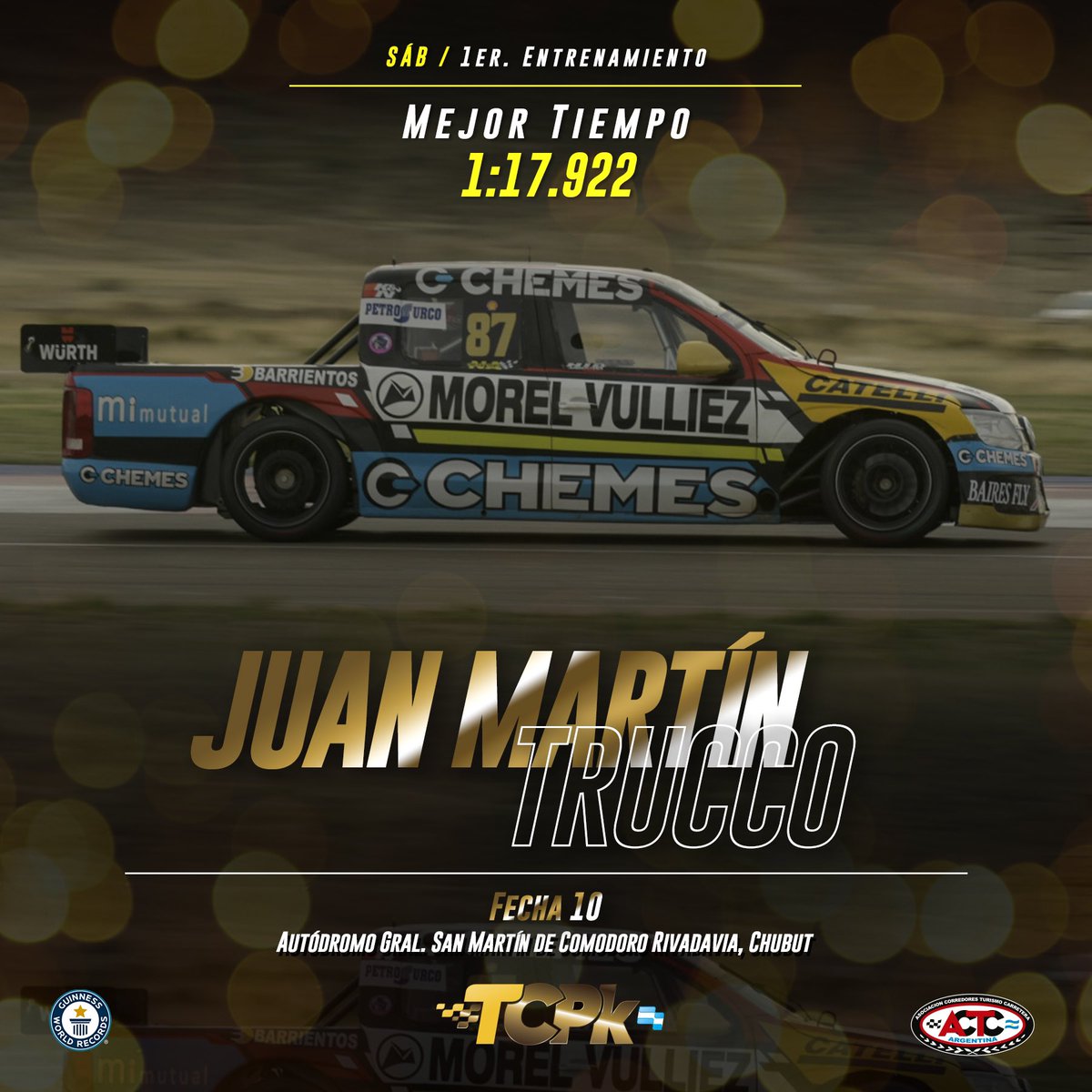 actcargentina's tweet photo. Juan Martín Trucco se quedó con el 1º entrenamiento del TC Pick Up en Comodoro Rivadavia⚡️

⏱️ 1:17.922
🏁 TC Pick Up
@juanmtrucco 
#ACTC #CopaDeOroShellVPower https://t.co/OJedrnBSrE