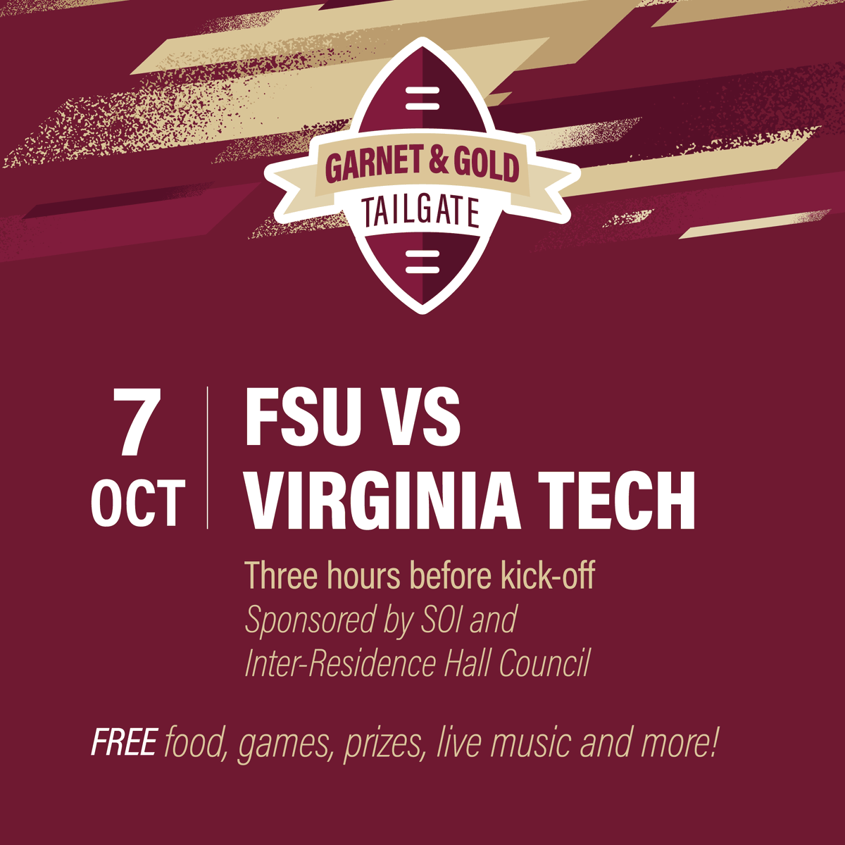 FSUDSA's tweet photo. #HelloFSU☀️ Join the excitement at the Garnet and Gold Tailgate in the FSU Student Union! 🎉 Enjoy free food, play games, win prizes, and enjoy live music. Let's come together to cheer on our amazing @seminoles'! #FSUPride #GoNoles 🏈🔥 https://t.co/gQZ8u8Ts6g