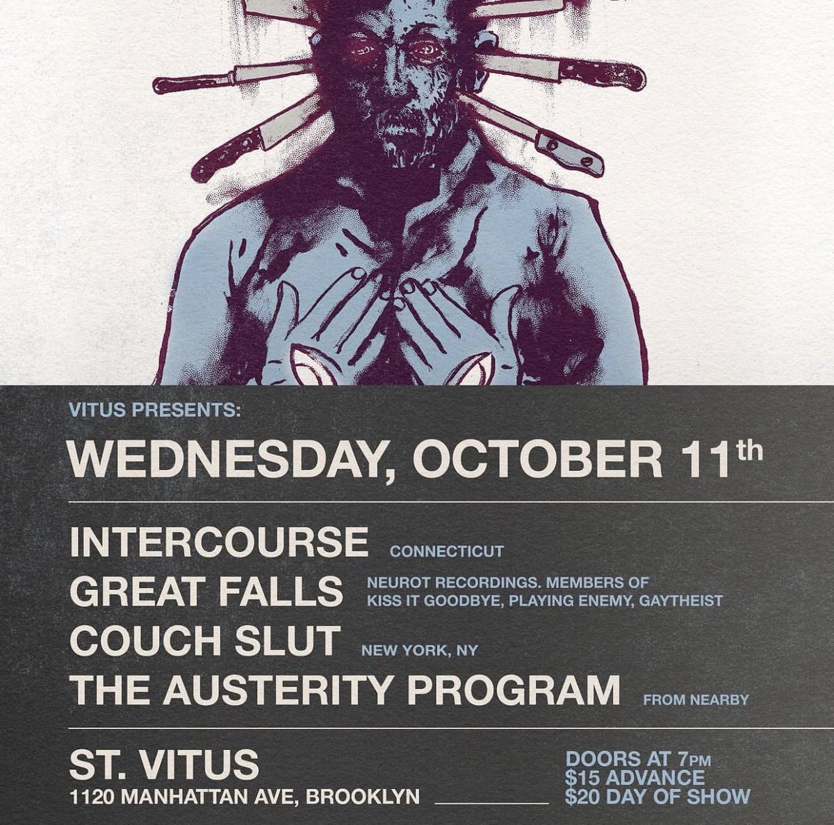 megans__law's tweet image. Wednesday at @saintvitusbar and show starts early—over by 10pm! We will be playing all new shit. Intercourse and GFs first time at Vitus!!! Austerity Program and us not so much but come on out and let’s get high