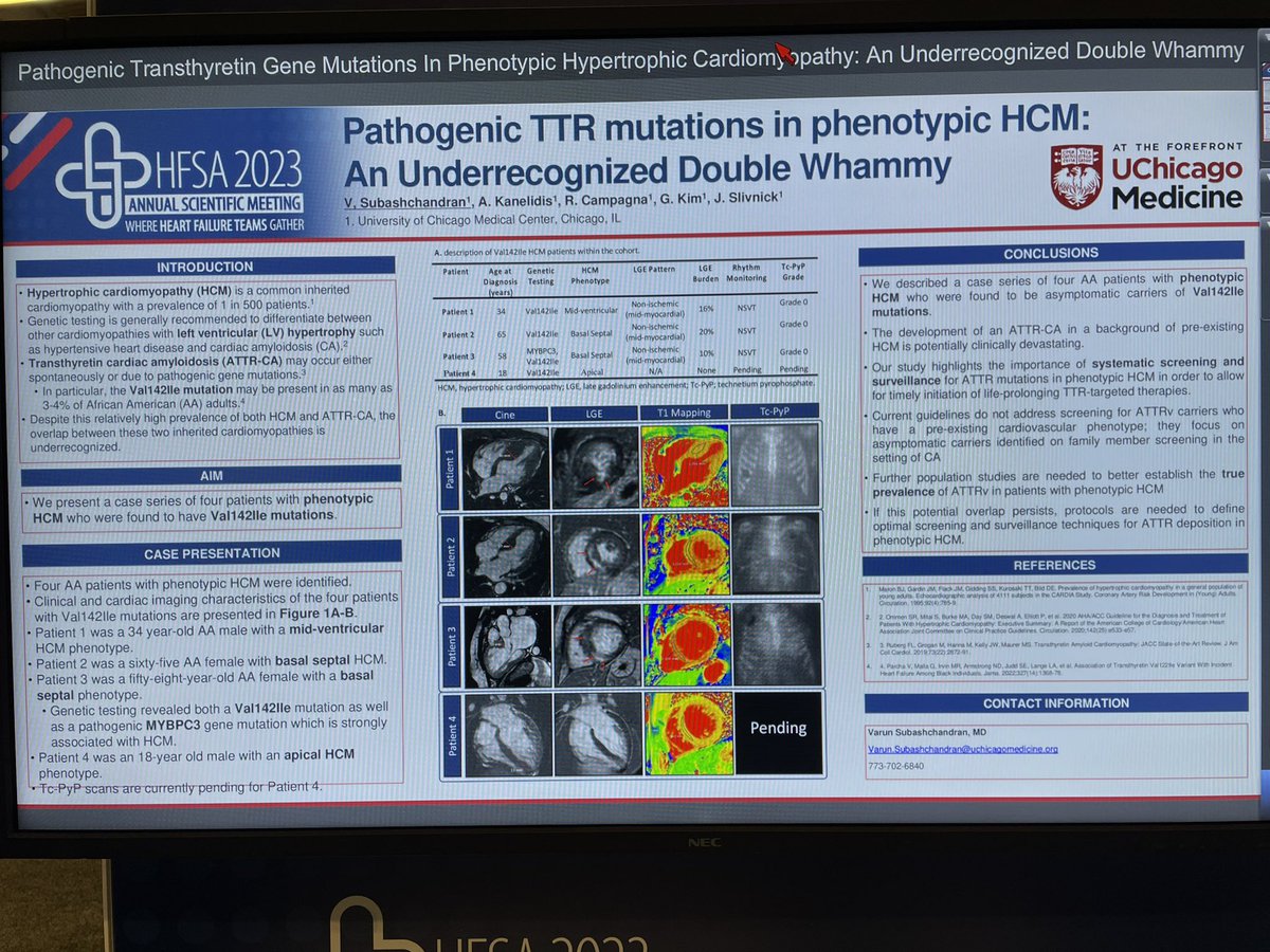 #VarunSubashchandran presenting a case series of HCM patients with concomitant Val122Ile mutations! #HFSA2023 

<a href="/JSlivnickMD/">Jeremy Slivnick</a> <a href="/GeneKimMD/">Gene Kim</a> <a href="/RaeCampagna/">Rachel Campagna, MS, CGC</a> <a href="/KanelidisMD/">Anthony Kanelidis, MD</a> <a href="/MedChiefs/">MedChiefs</a> <a href="/UCCardsFellows/">University of Chicago Cardiology Fellowship</a> <a href="/HFSA/">HFSA</a>