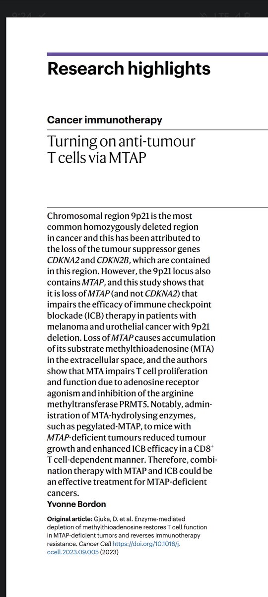 Great to see @NatRevImmunol highlighting our work in @Cancer_Cell on the immune implications of MTAP deletions! nature.com/articles/s4157… cell.com/cancer-cell/fu…