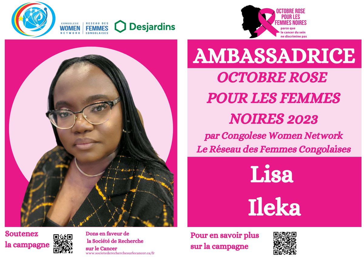Our Founder, Mme Lisa Ileka has been appointed as ambassador for the @congolesewomennetwork  #pinkoctober fundraising campaign. 

To donate/ Pour faire un don:
recherche-cancer-research.crs-src.ca/goto/octobrero… 
 
PayPal: @RDCWomenNetwork
interac: octobrerose23@gmail.com
