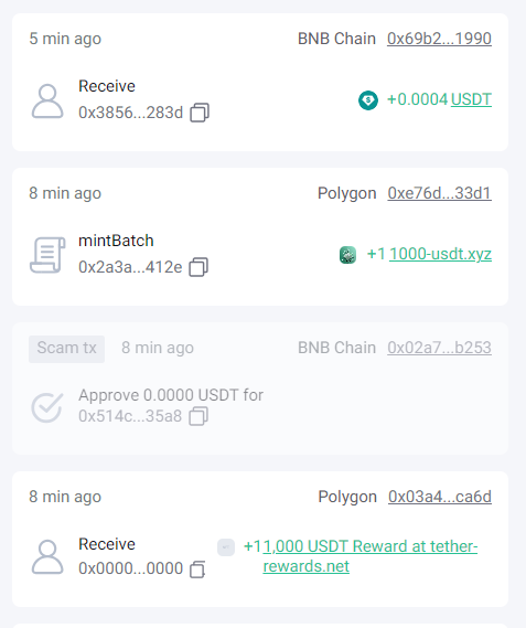 LewiczMichal's tweet photo. 🧨 UWAGA 🧨 #SCAM

Spójrzcie na to🧐
Wysłałem przed chwila 400 $USDT na ByBit. 

❌Bot monitorujący mój portfel wykrył aktywność i z automatu wysyła mi  nagrodę 11 000 USDT 🥳
👉do odebrania na - link w opisie transakcji (wiadomo co tam się dzieje)🪠

❌Potem dostaje Fake Approve - Jesli go odłączę będzie mnie to kosztować gas token który wymiotuje i wyśle na adres scammera a on go będzie mógł sprzedać
Będzie to bardzo drogi Revoke - Nowy #scam 

❌Następnie jakieś Fake 400 BSC USD🧐

❌Potem dostaje kolejną nagrodę 11k USDT powtórka pierwszej akcji

❌ Kolejny Fake Approve

❌Nastepnie #NFT 1k USDT

❌Na koniec jakiś pyl 0.0004 USDT z końcówka taka sama jak mój inny portfel ( tylko po to żebym kiedyś użył adresu z historii, a nie z książki adresowej)
w trakcie pisania dostałem jeszcze dwie takie tx

To wszystko w niecałe 20 min - 8 #scam transakcji na portfelu - @Rabby_io na szczęście to wykrywa i oznacza, ale wyobraź sobie ze ta sama akcje robi Twoja mama i używa MM lub innego portfela który daje jej powiadomienia o transakcjach a ona nie wie OCB - i myśli ze właśnie wygrała 23k USDT😖

#StaySafe 
Zawsze czytaj co podpisujesz, używaj narzędzi jak @DeDotFi @wallet_guard i @RevokeCash

Nie spiesz się! Nikt Cię nie goni za to scammer po cichu Cię śledzi i patrzy co robisz! Czeka na Twoj błąd.

To nie jest pytanie CZY tylko KIEDY i na ILE im pozwolisz...  

Daj RT niech ludzie wiedzą ✅