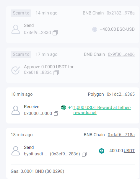 LewiczMichal's tweet photo. 🧨 UWAGA 🧨 #SCAM

Spójrzcie na to🧐
Wysłałem przed chwila 400 $USDT na ByBit. 

❌Bot monitorujący mój portfel wykrył aktywność i z automatu wysyła mi  nagrodę 11 000 USDT 🥳
👉do odebrania na - link w opisie transakcji (wiadomo co tam się dzieje)🪠

❌Potem dostaje Fake Approve - Jesli go odłączę będzie mnie to kosztować gas token który wymiotuje i wyśle na adres scammera a on go będzie mógł sprzedać
Będzie to bardzo drogi Revoke - Nowy #scam 

❌Następnie jakieś Fake 400 BSC USD🧐

❌Potem dostaje kolejną nagrodę 11k USDT powtórka pierwszej akcji

❌ Kolejny Fake Approve

❌Nastepnie #NFT 1k USDT

❌Na koniec jakiś pyl 0.0004 USDT z końcówka taka sama jak mój inny portfel ( tylko po to żebym kiedyś użył adresu z historii, a nie z książki adresowej)
w trakcie pisania dostałem jeszcze dwie takie tx

To wszystko w niecałe 20 min - 8 #scam transakcji na portfelu - @Rabby_io na szczęście to wykrywa i oznacza, ale wyobraź sobie ze ta sama akcje robi Twoja mama i używa MM lub innego portfela który daje jej powiadomienia o transakcjach a ona nie wie OCB - i myśli ze właśnie wygrała 23k USDT😖

#StaySafe 
Zawsze czytaj co podpisujesz, używaj narzędzi jak @DeDotFi @wallet_guard i @RevokeCash

Nie spiesz się! Nikt Cię nie goni za to scammer po cichu Cię śledzi i patrzy co robisz! Czeka na Twoj błąd.

To nie jest pytanie CZY tylko KIEDY i na ILE im pozwolisz...  

Daj RT niech ludzie wiedzą ✅