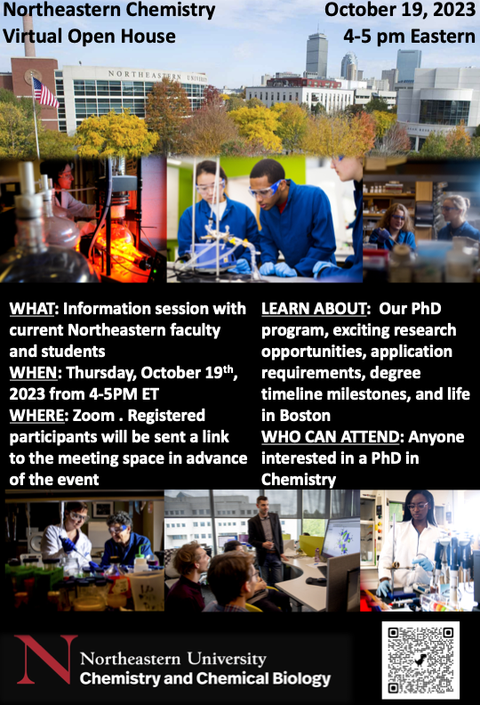 @NU_Chemistry is hosting a virtual open house on October 19 from 4-5pm Eastern. Please sign up for the open house (eventbrite.com/e/nu-chemistry…); all attendees will receive a fee waiver-take advantage! We have many 🤩groups that will be taking students next year!