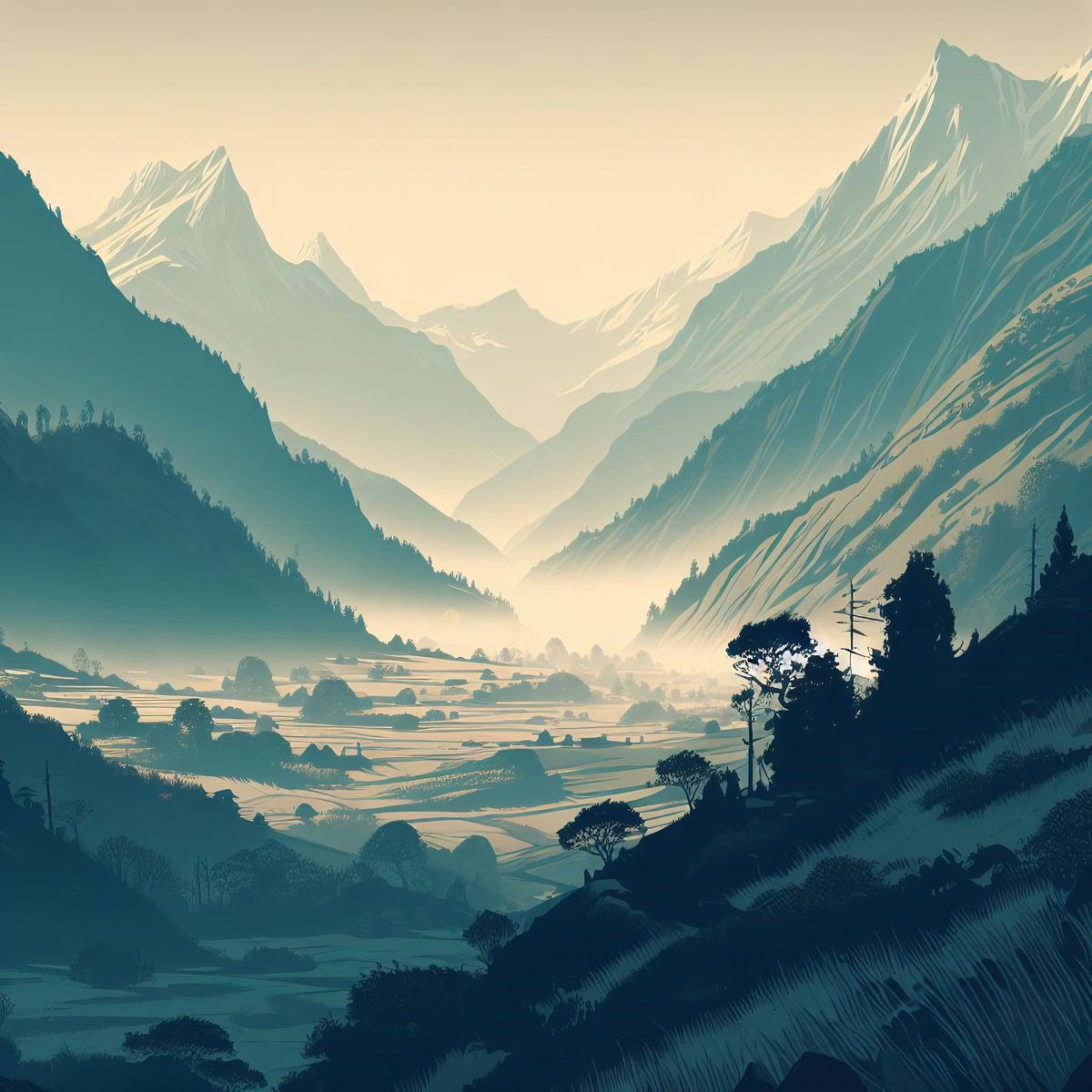 prompt_canvas's tweet photo. A breathtaking view of the Himalayan valley. #DALLE3 

#aiartdaily day 27 of #100dayproject #100dayproject2023 #artoftheday #aiart #aigeneratedart #digitalpainting #digitaldrawing #digitalillustration #aiartcommunity #aiartwork #aiartist #aiartworks #aiartdailytheme #generativeart
